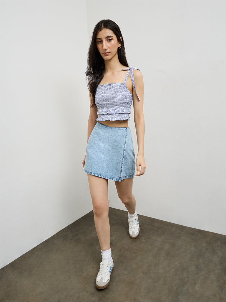 Nuon Navy Checkered Smocked Cotton Top