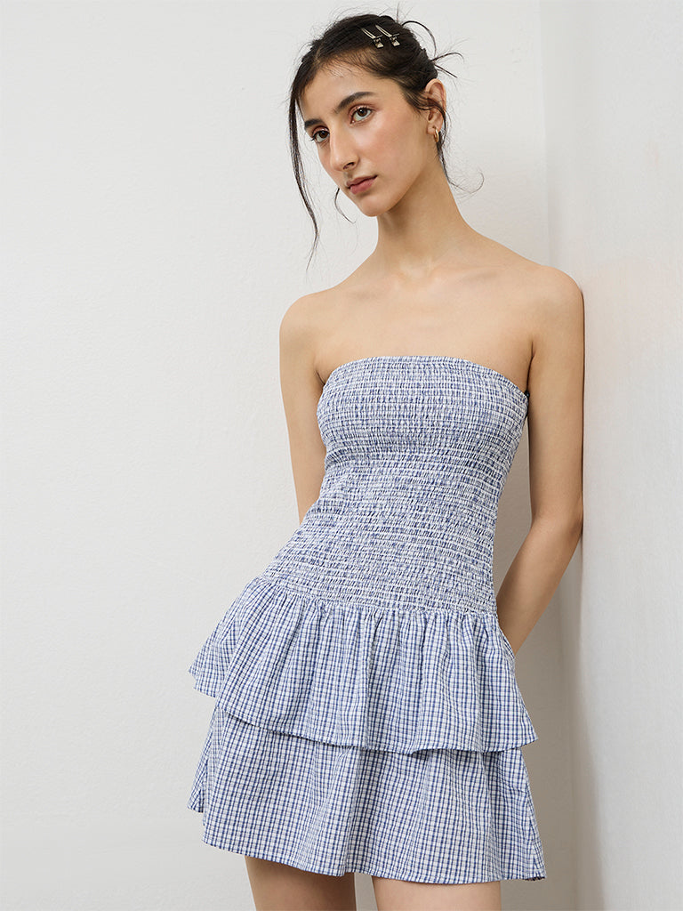 Nuon Navy Checkered Smocked Cotton Tiered Dress