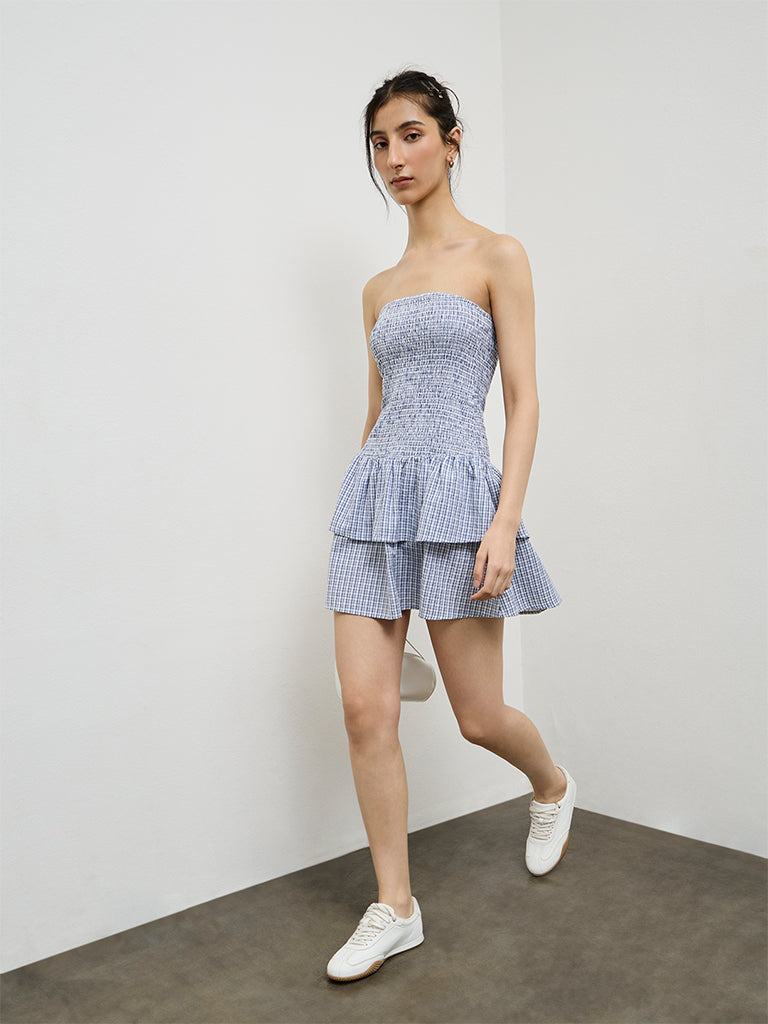 Nuon Navy Checkered Smocked Cotton Tiered Dress