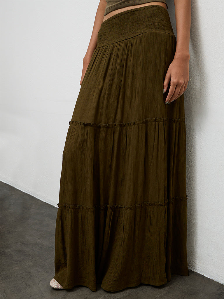 Nuon Dark Olive High-Rise Tiered Skirt