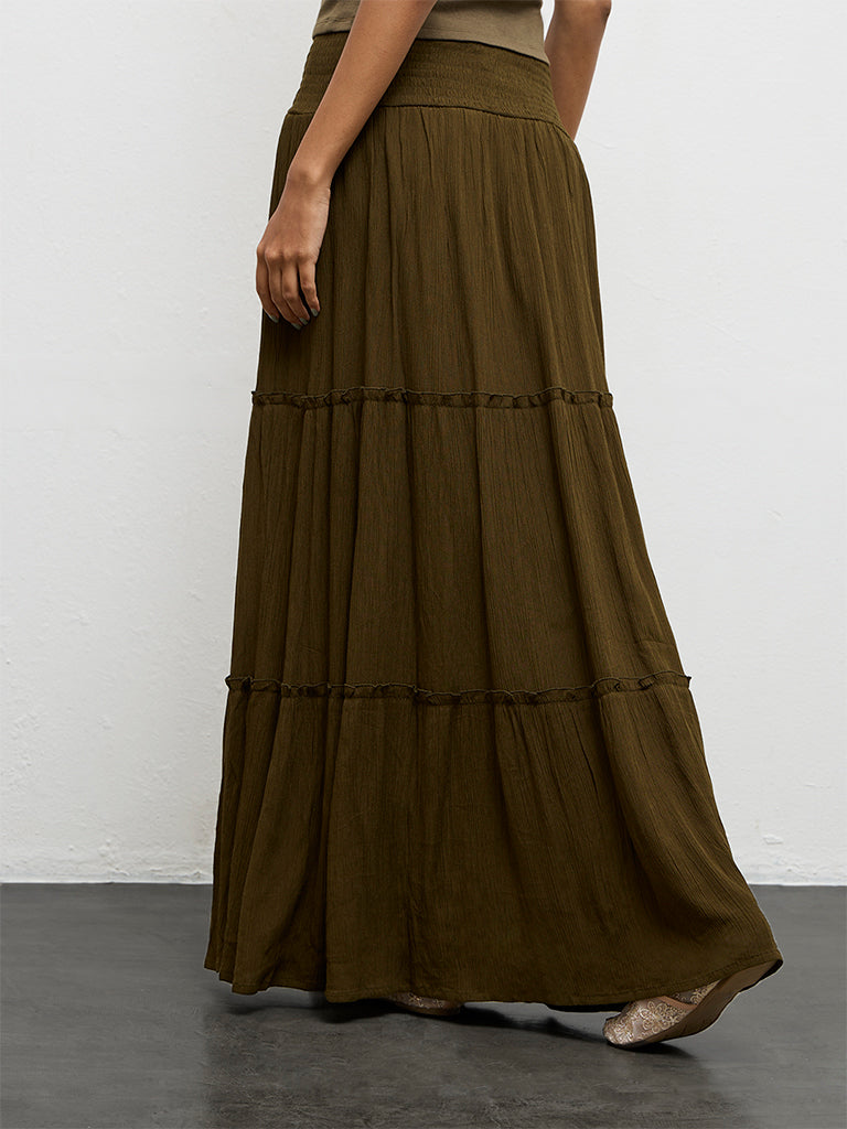 Nuon Dark Olive High-Rise Tiered Skirt