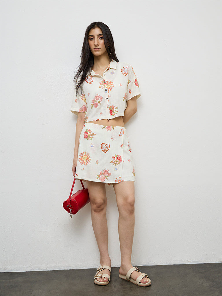 Nuon Off-White Floral Printed High-Rise Skorts