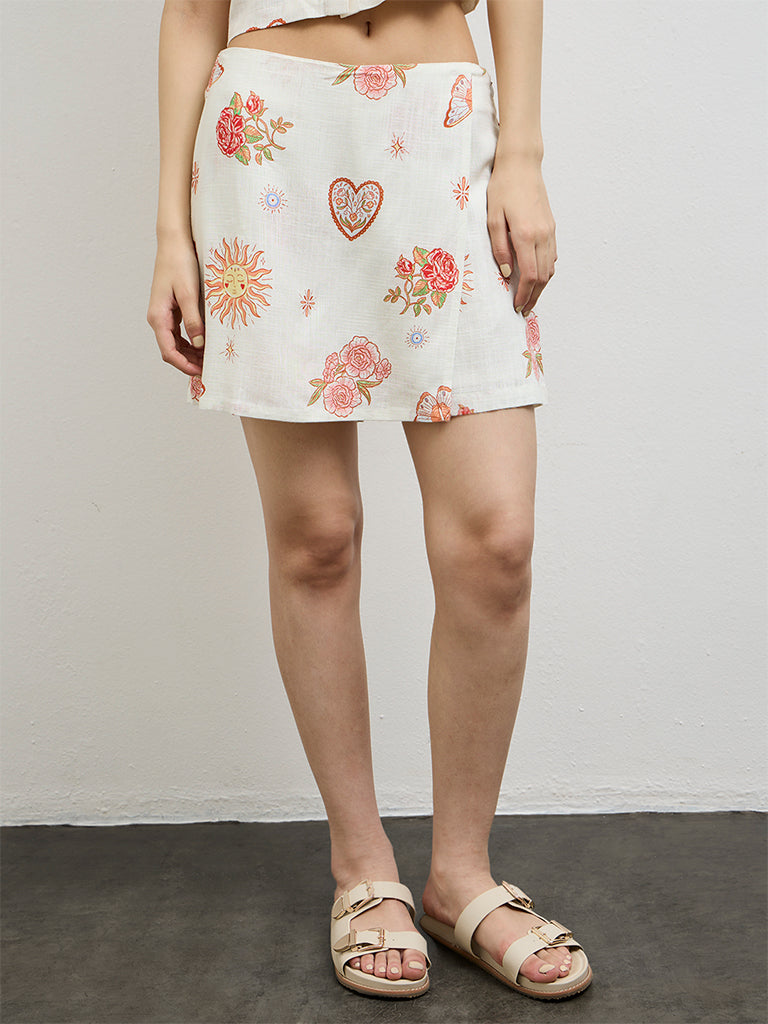 Nuon Off-White Floral Printed High-Rise Skorts