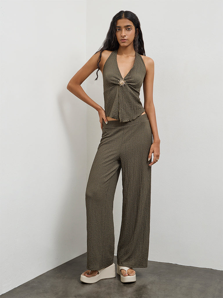 Nuon Olive Textured High-Rise Pants