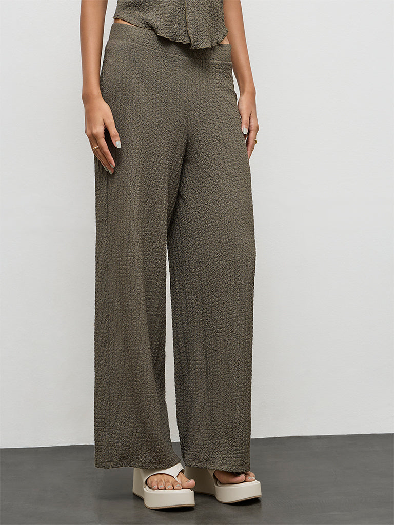 Nuon Olive Textured High-Rise Pants