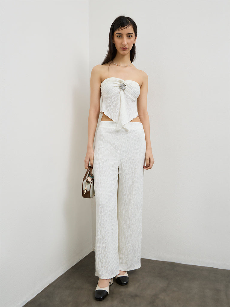 Nuon Off-White Crinkle-Textured High-Rise Pants