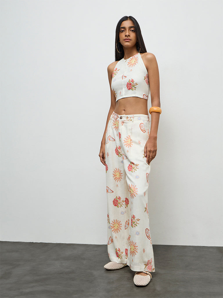 Nuon Off-White Printed High-Rise Linen Trousers