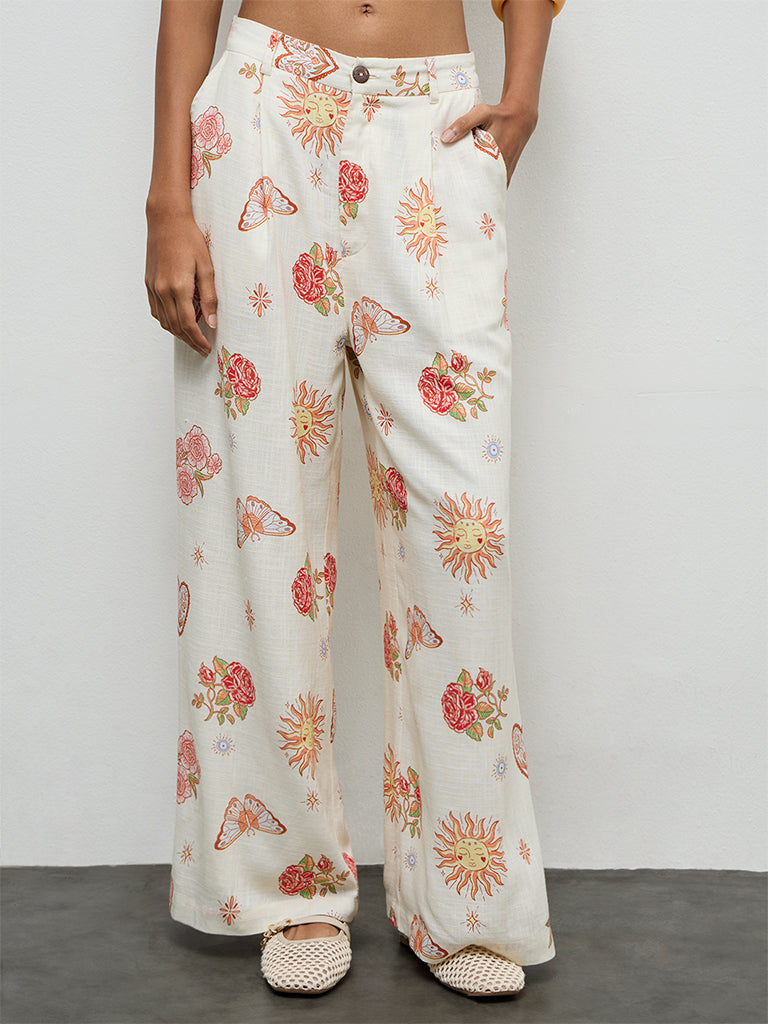 Nuon Off-White Printed High-Rise Linen Trousers
