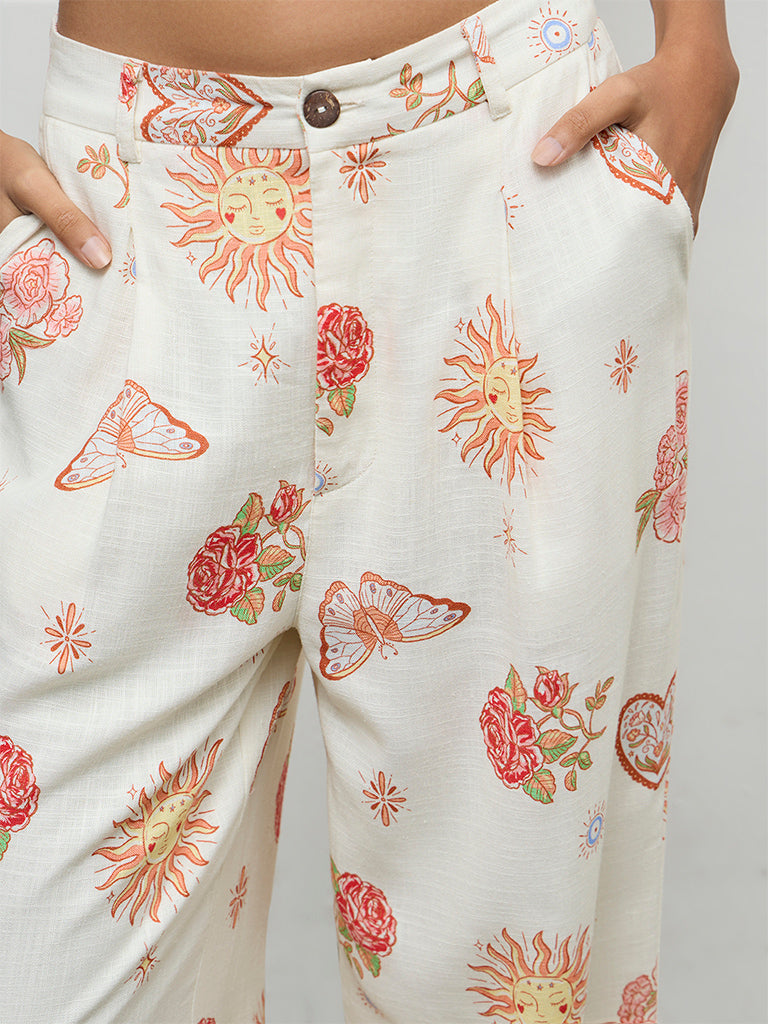 Nuon Off-White Printed High-Rise Linen Trousers