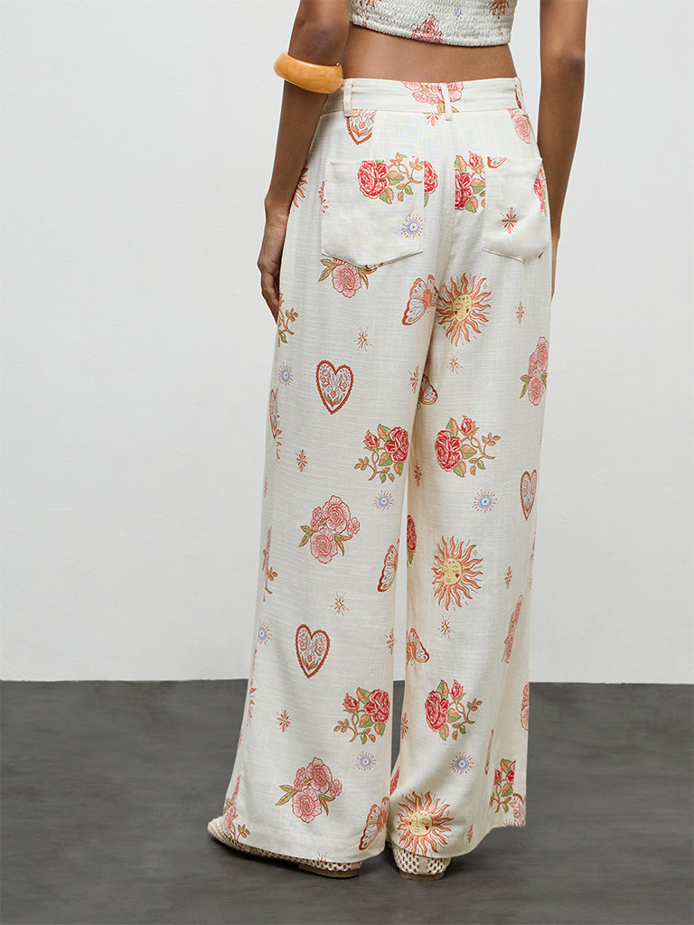 Nuon Off-White Printed High-Rise Linen Trousers