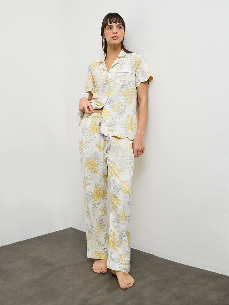 Wunderlove Yellow Floral Printed Shirt and Pyjamas Set