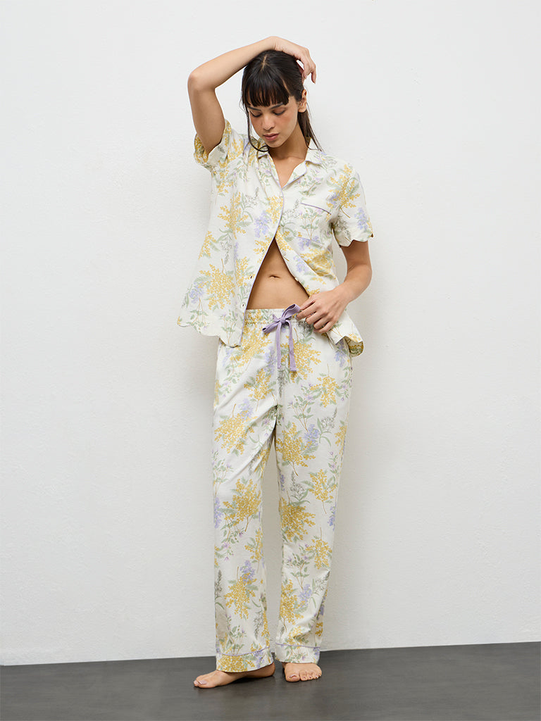 Wunderlove Yellow Floral Printed Shirt and Pyjamas Set