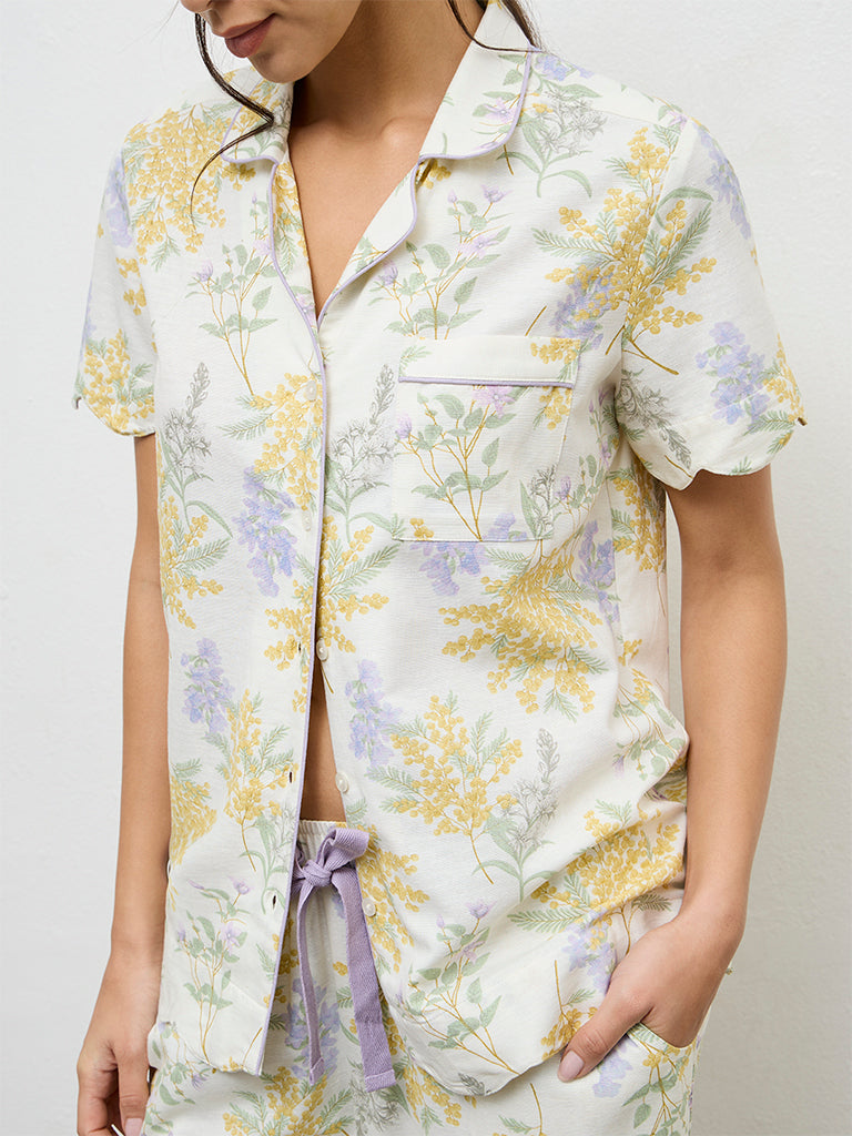 Wunderlove Yellow Floral Printed Shirt and Pyjamas Set