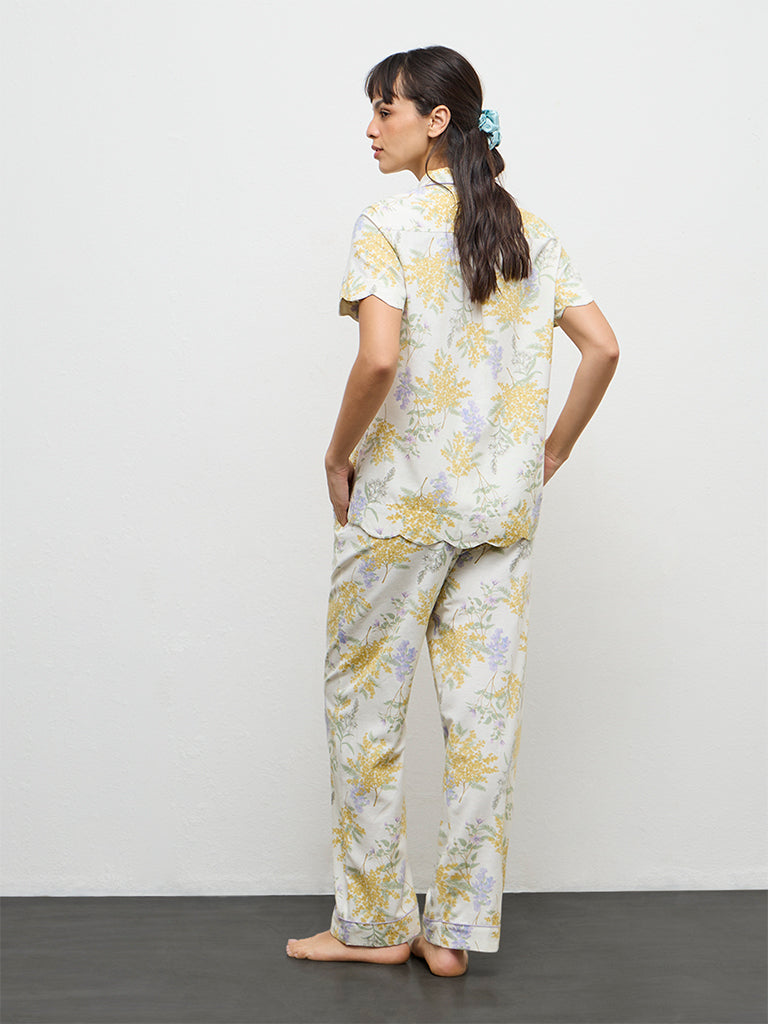 Wunderlove Yellow Floral Printed Shirt and Pyjamas Set