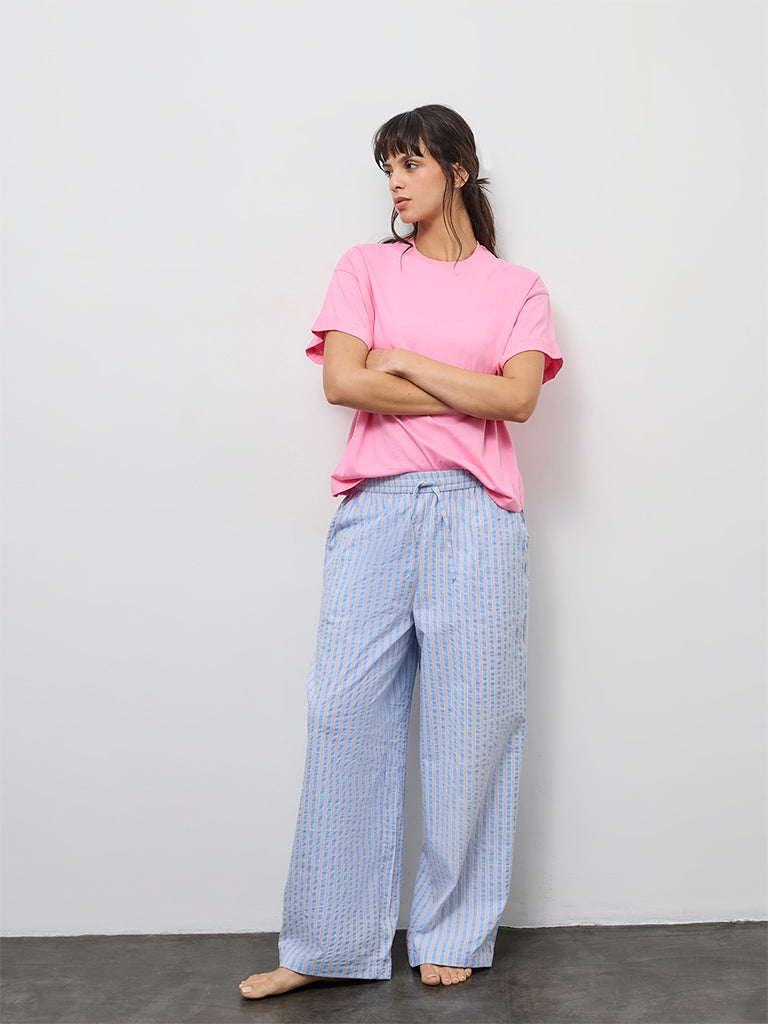 Wunderlove Blue Striped High-Rise Cotton-Blend Pants