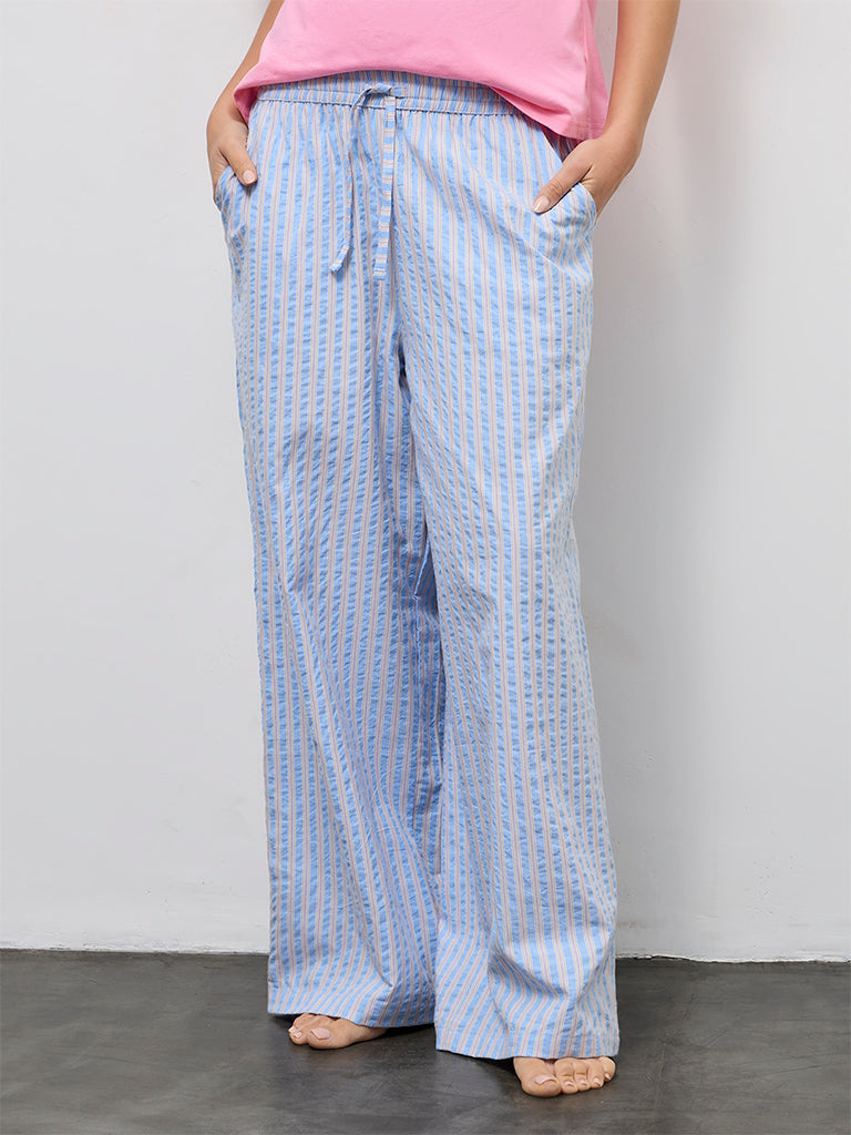 Wunderlove Blue Striped High-Rise Cotton-Blend Pants