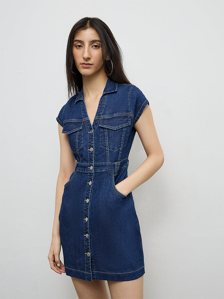 Nuon Dark Blue A-Line Denim Dress