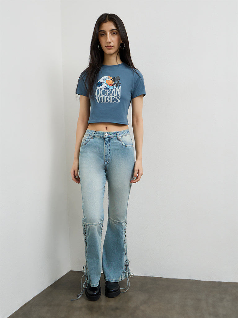 Nuon Light Blue Criss-Cross Detailed High-Rise Jeans