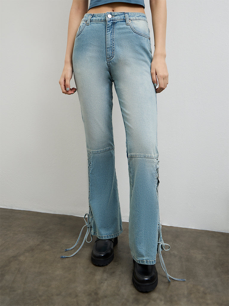 Nuon Light Blue Criss-Cross Detailed High-Rise Jeans