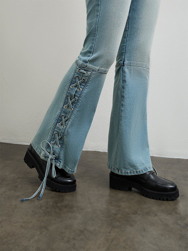 Nuon Light Blue Criss-Cross Detailed High-Rise Jeans