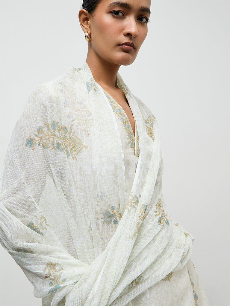 Zuba Ivory Foliage Printed Cotton-Blend Dupatta