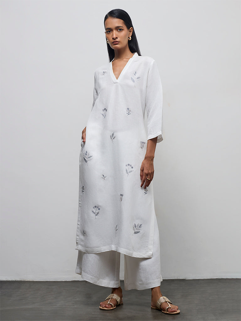 Zuba White Floral Embroidered A-Line Kurta