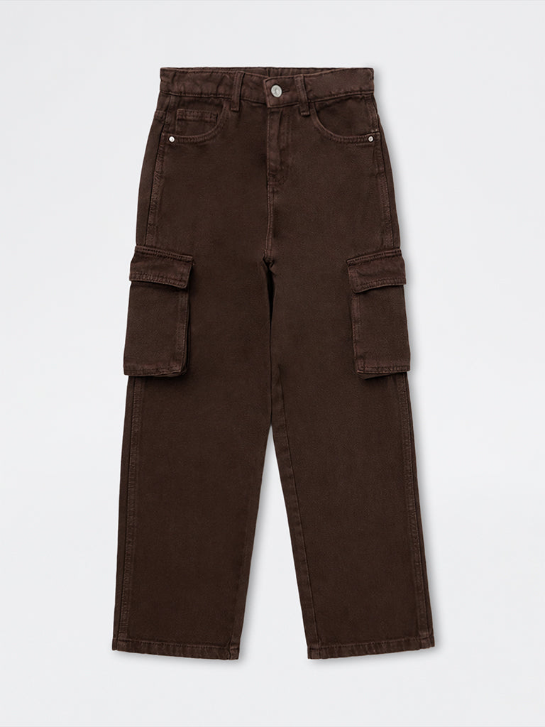 Boys Dark Brown Cargo-Style Mid-Rise Jeans