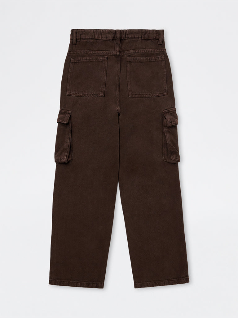 Boys Dark Brown Cargo-Style Mid-Rise Jeans