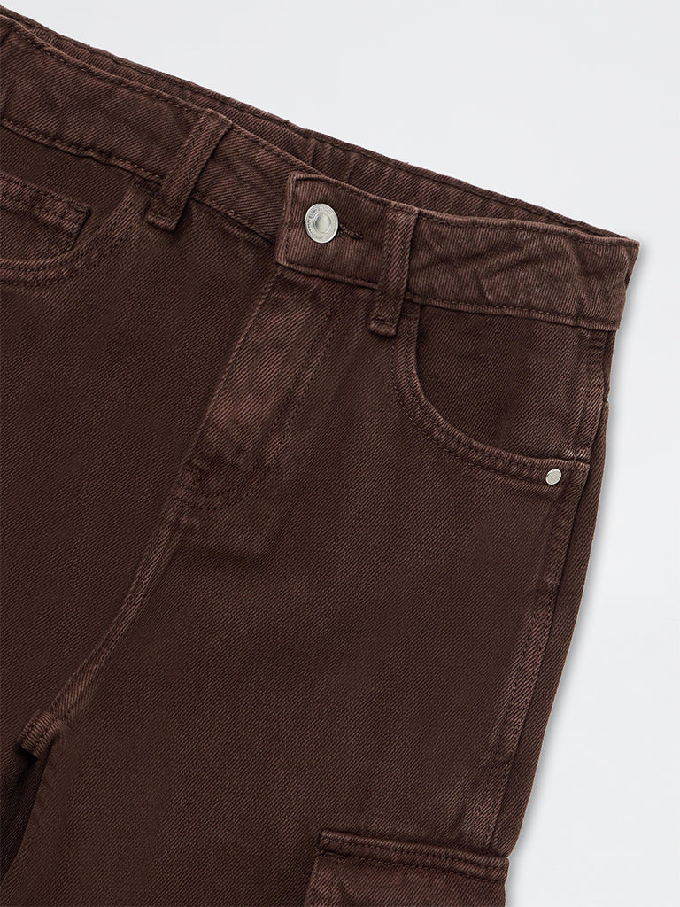 Boys Dark Brown Cargo-Style Mid-Rise Jeans