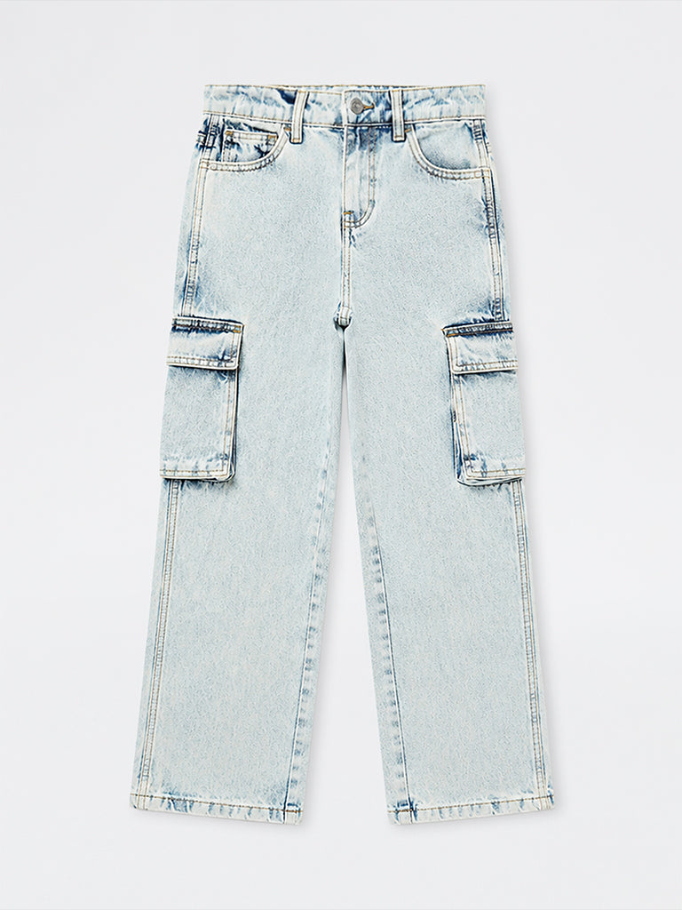 Boys Blue Faded Cargo-Style Mid-Rise Jeans