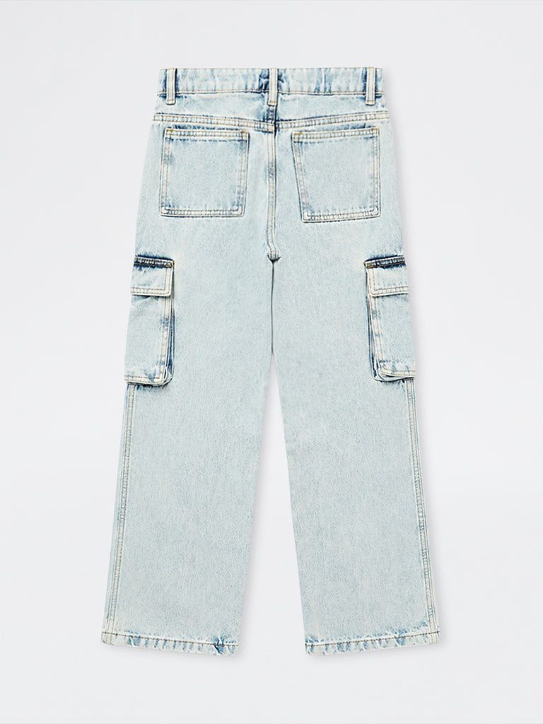 Boys Blue Faded Cargo-Style Mid-Rise Jeans