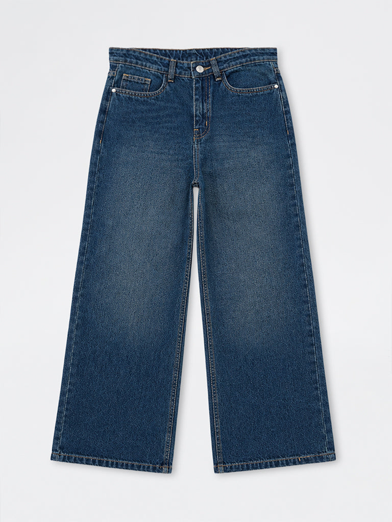 Girls Dark Blue Washed Mid-Rise Jeans