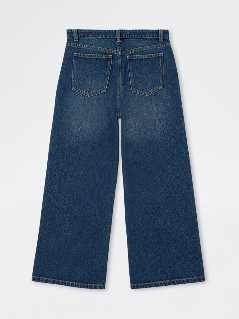 Girls Dark Blue Washed Mid-Rise Jeans