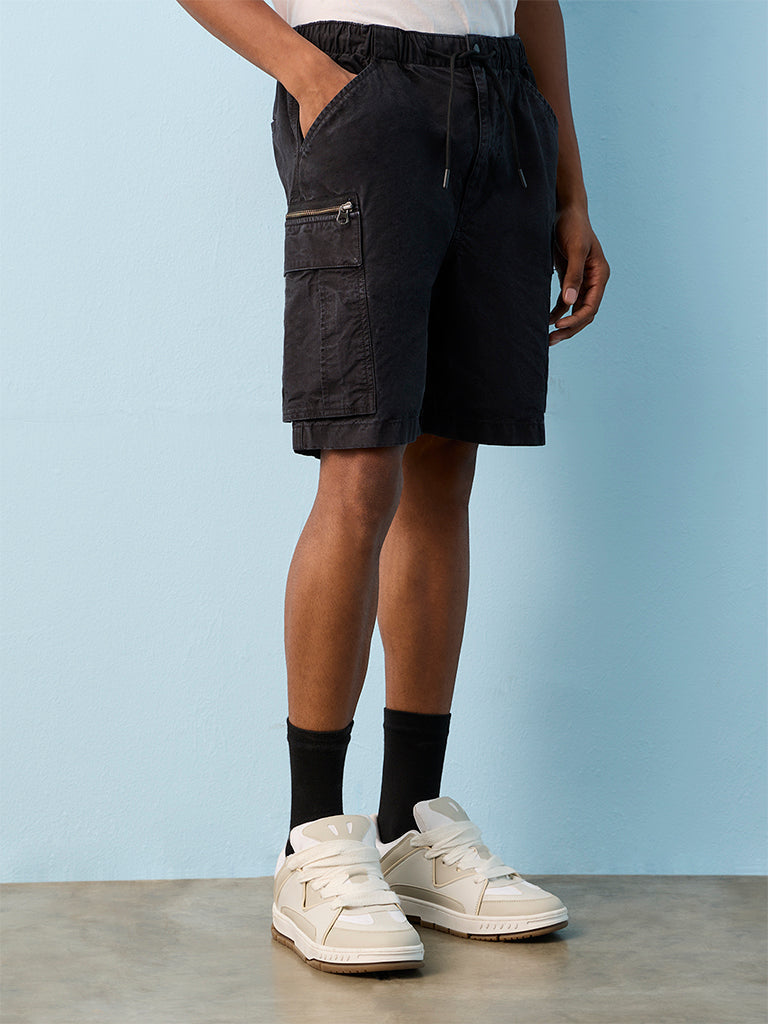 Nuon Black Relaxed-Fit Mid-Rise Cotton Cargo Shorts