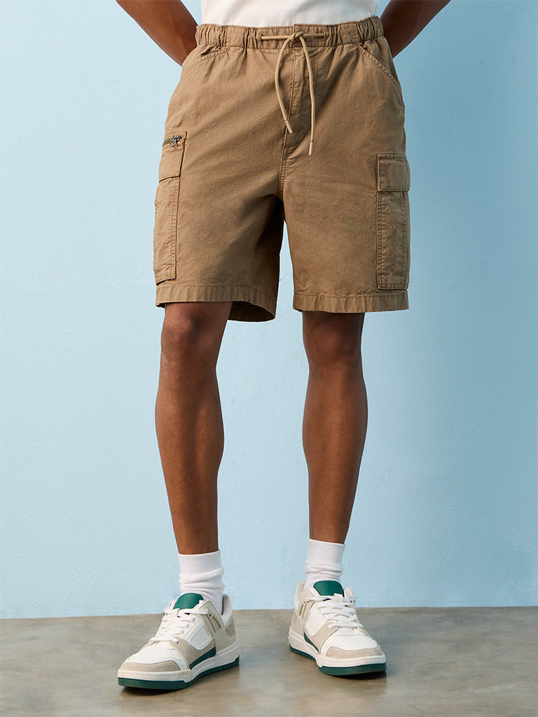 Nuon Tan Relaxed-Fit Mid-Rise Cotton Cargo Shorts