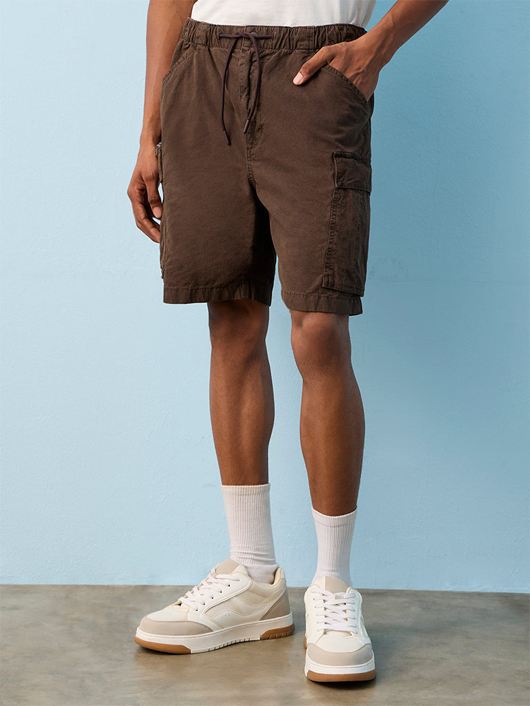Nuon Dark Brown Relaxed-Fit Mid-Rise Cotton Cargo Shorts