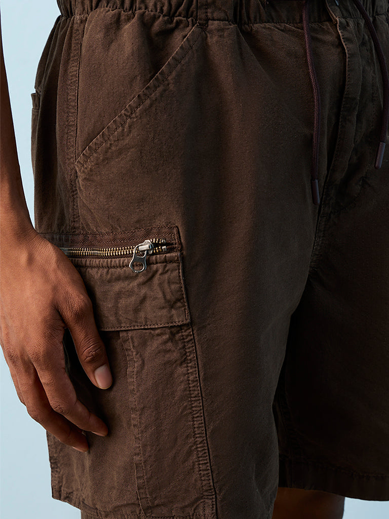 Nuon Dark Brown Relaxed-Fit Mid-Rise Cotton Cargo Shorts
