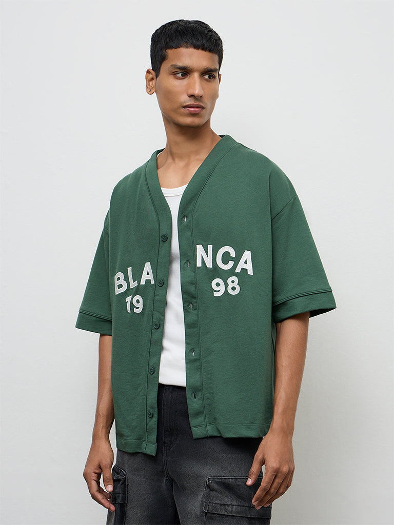 Nuon Green Typographic Relaxed-Fit Cotton-Blend Shirt