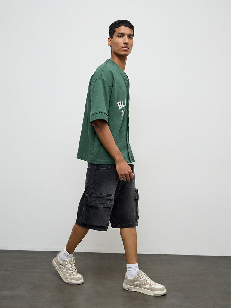 Nuon Green Typographic Relaxed-Fit Cotton-Blend Shirt