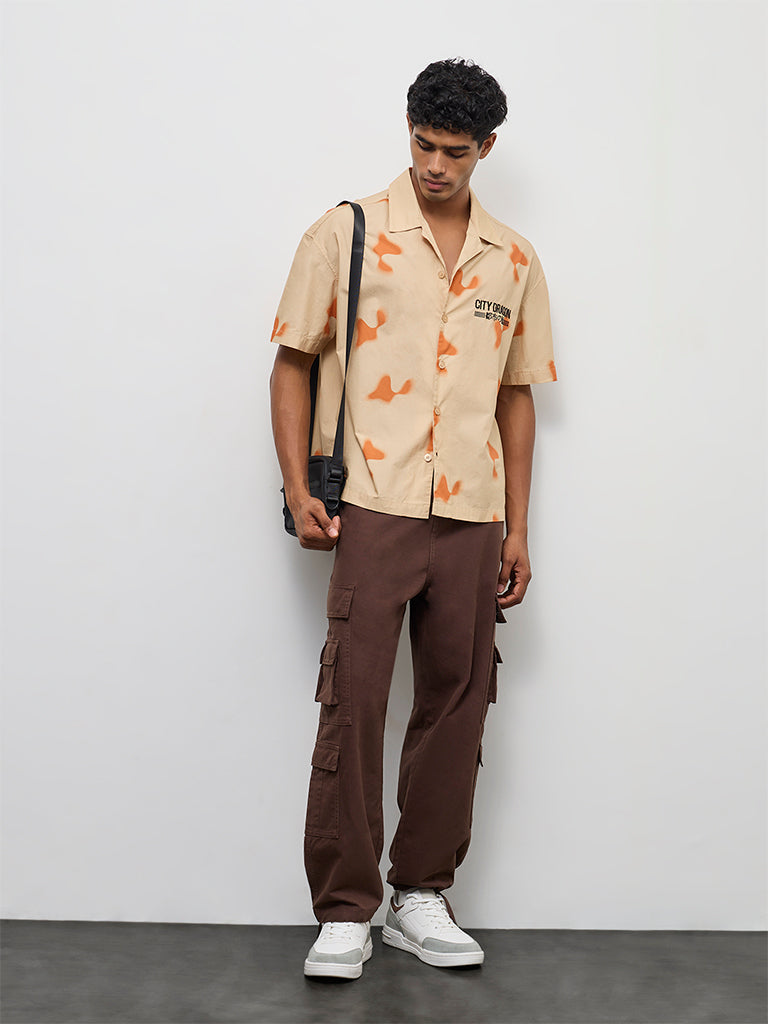 Nuon Beige Abstract Printed Relaxed-Fit Cotton Shirt