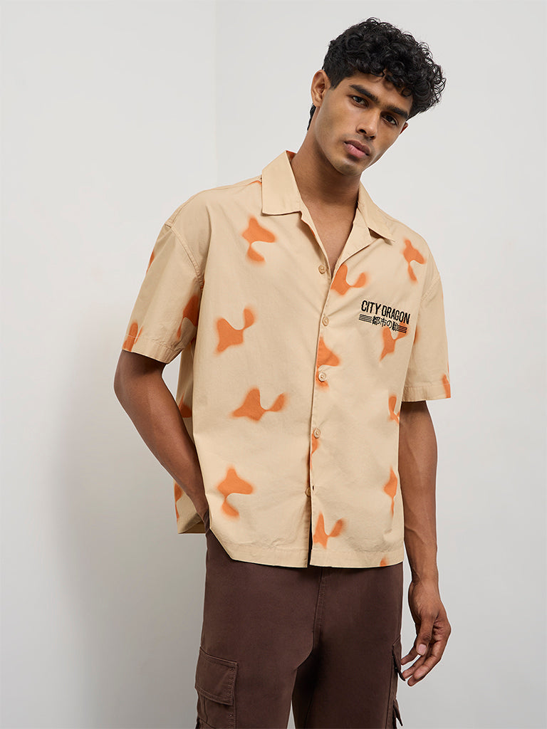 Nuon Beige Abstract Printed Relaxed-Fit Cotton Shirt
