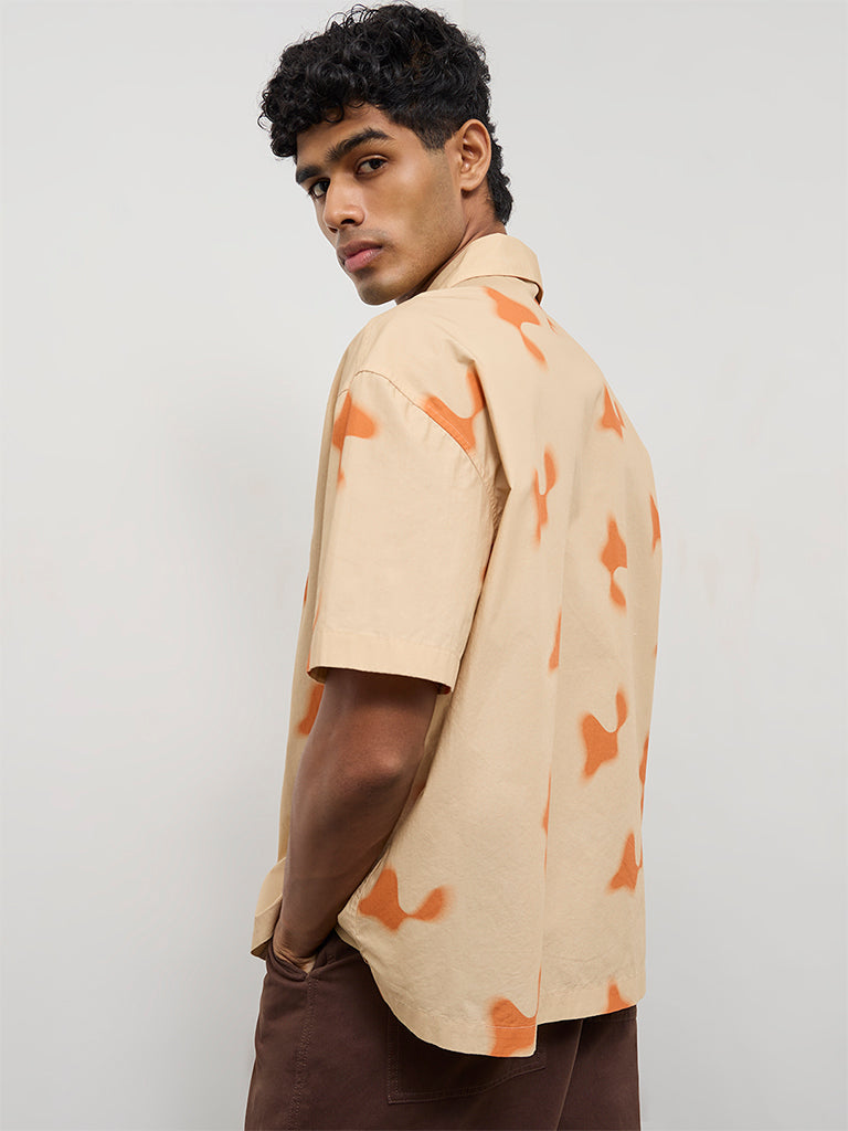 Nuon Beige Abstract Printed Relaxed-Fit Cotton Shirt
