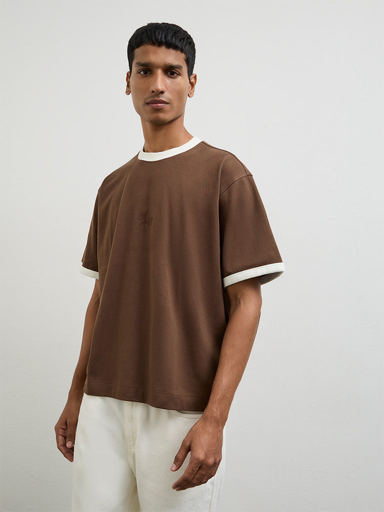 Nuon Brown Contrast Detailed Relaxed-Fit Cotton-Blend T-Shirt