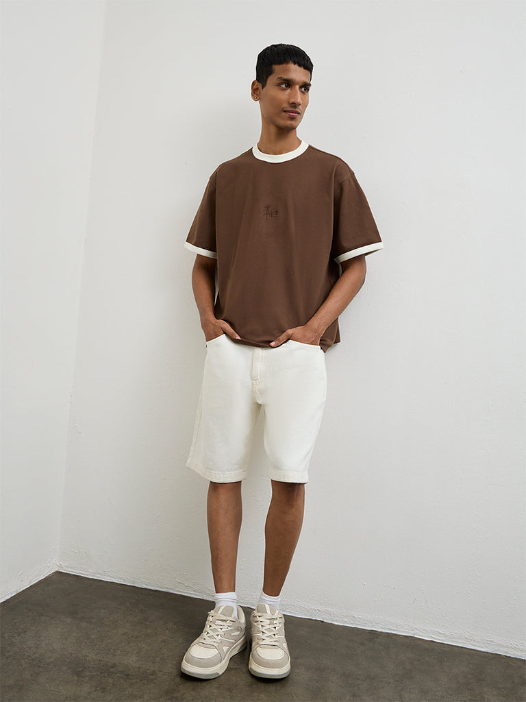 Nuon Brown Contrast Detailed Relaxed-Fit Cotton-Blend T-Shirt