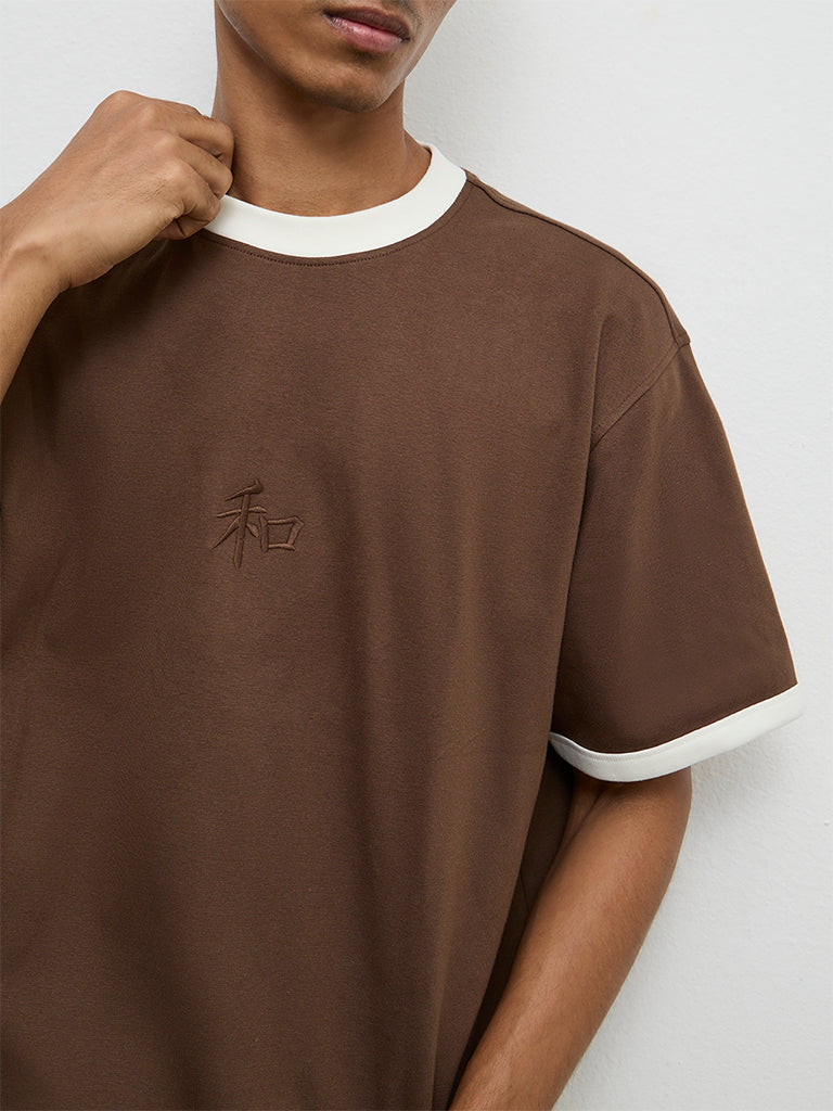 Nuon Brown Contrast Detailed Relaxed-Fit Cotton-Blend T-Shirt