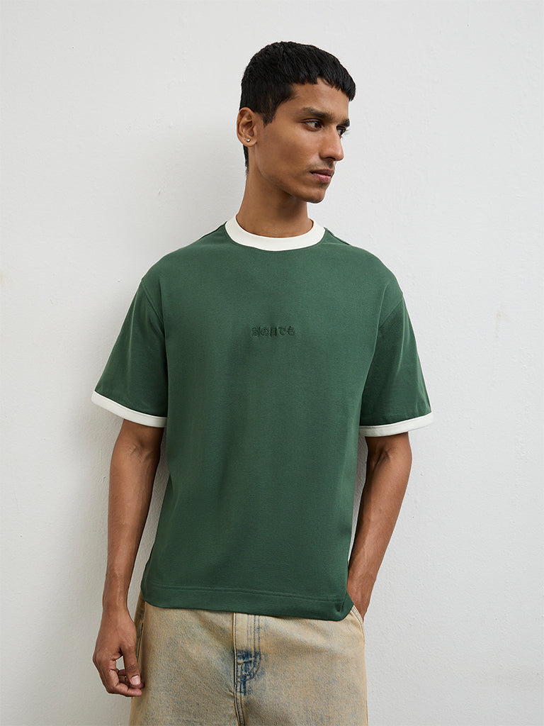 Nuon Green Solid Relaxed-Fit Cotton-Blend T-Shirt
