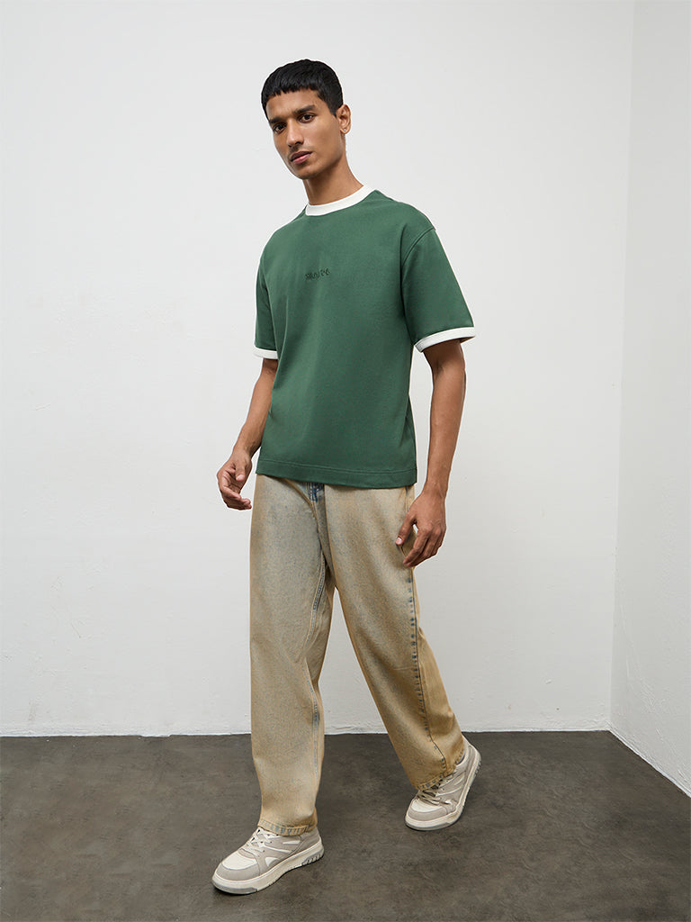 Nuon Green Solid Relaxed-Fit Cotton-Blend T-Shirt