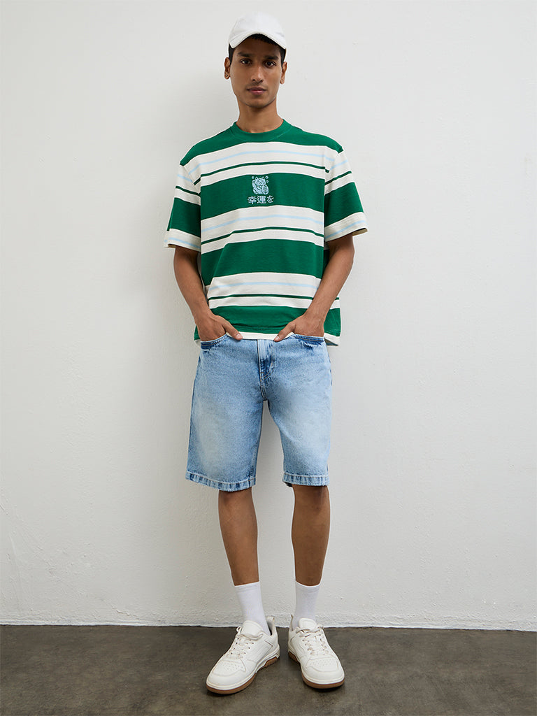 Nuon Green Striped Relaxed-Fit Cotton T-Shirt