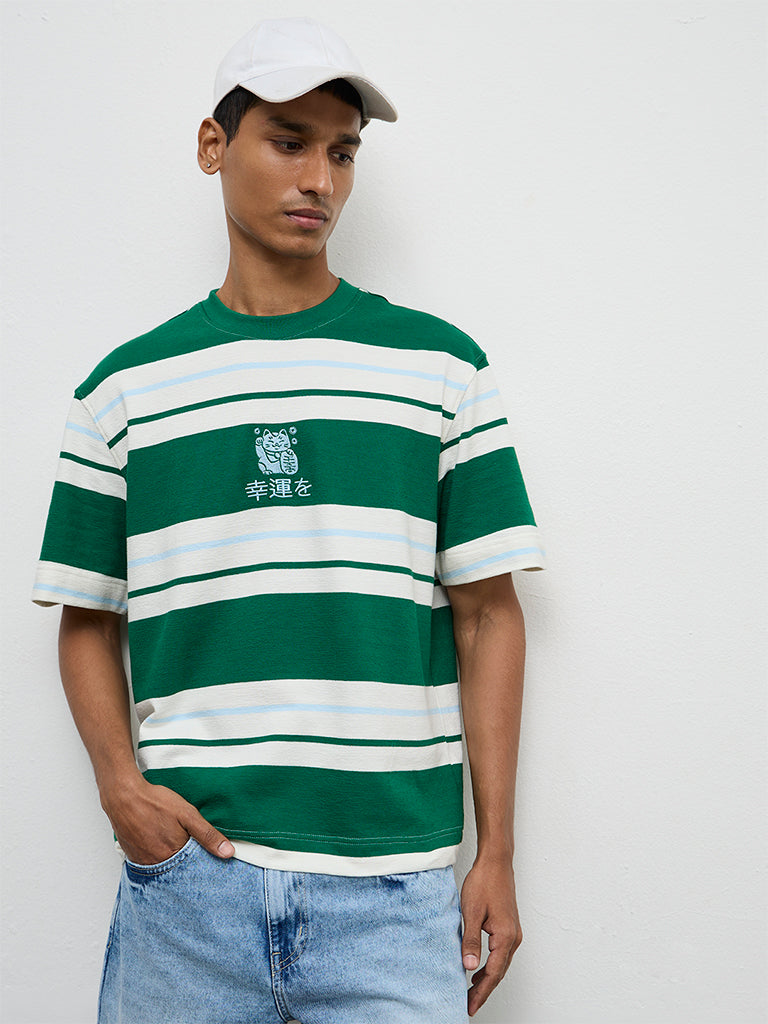 Nuon Green Striped Relaxed-Fit Cotton T-Shirt