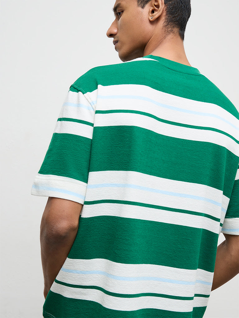 Nuon Green Striped Relaxed-Fit Cotton T-Shirt